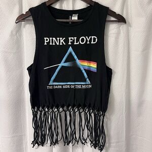 Pink Floyd Y2K Dark Side of the Moon Fringe Crop Top Festival Tee Retro Rock EC